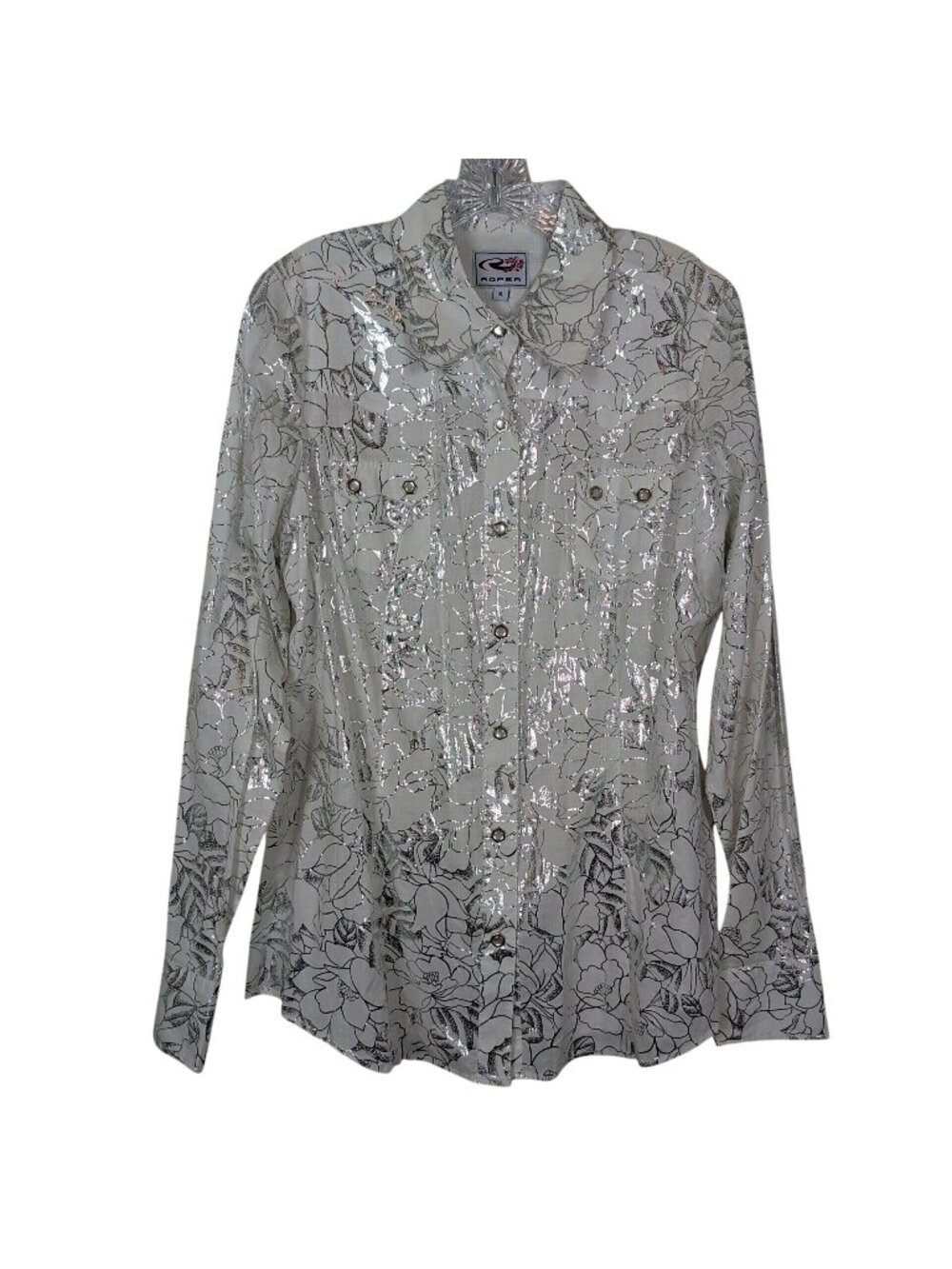 Roper Western Shirt Womens XL White Silver Floral Snap Front Metallic Cowgirl